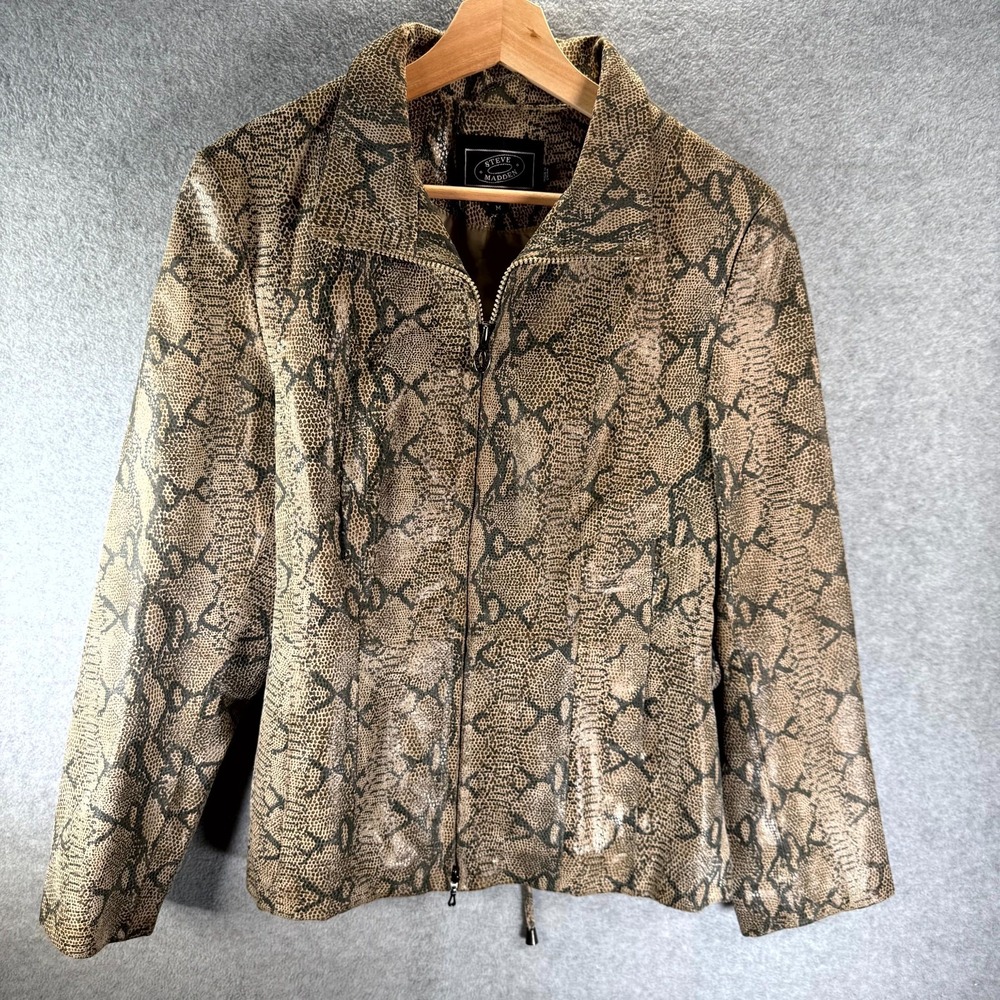 Vintage‎ Steve Madden Leather Jacket Womens Medium Brown Snake Print Full Zip